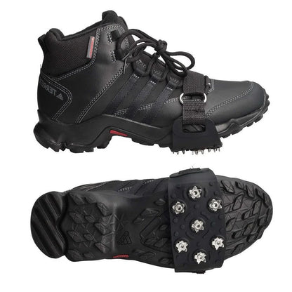 Belro adjustable snow and ice cleats attached to shoes for improved traction during winter outdoor activities.