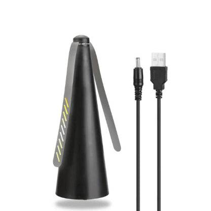 Belro battery-powered fly repelling fan for outdoor home and garden use, compact design with safety features visible.