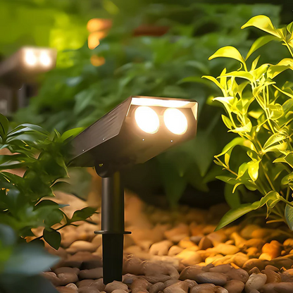 Belro waterproof LED solar multi-zoom spot light for outdoor landscape lighting, RGB color options, ideal for garden illumination.