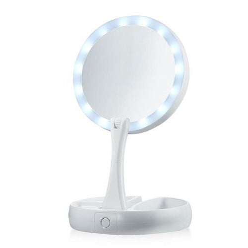 Belro LED folding vanity mirror with built-in lights, compact design, and adjustable angles for makeup and beauty routines.