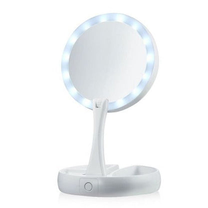Belro LED folding vanity mirror with built-in lights, compact design, and adjustable angles for makeup and beauty routines.