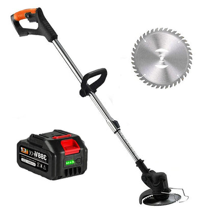 Men's Belro cordless electric grass trimmer with battery operation, showcasing its lightweight and ergonomic design for yard work.