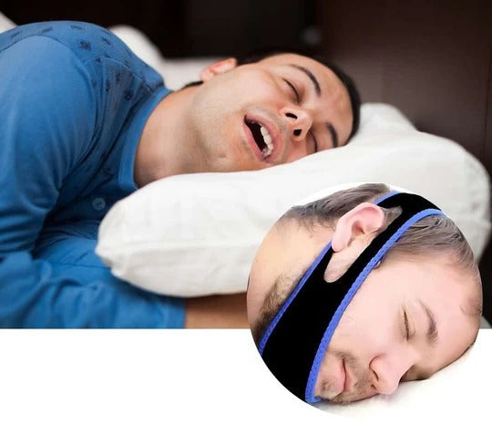 Belro full head chin strap for snoring relief and sleep apnea support, shown on a bed for comfortable night use.