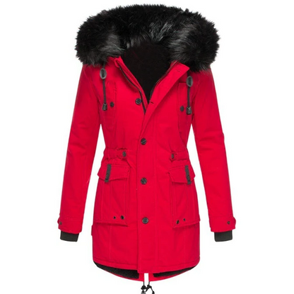 Belro warm fashion coat with a stylish design, made of cozy fabric perfect for cold weather, shown on a hanger.