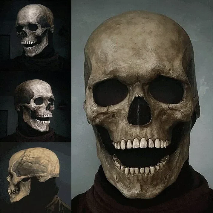 Belro Movable Jaw Realistic Full Head Skull Mask showing detailed human skeleton face for Halloween costumes.