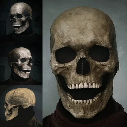 Belro Movable Jaw Realistic Full Head Skull Mask showing detailed human skeleton face for Halloween costumes.