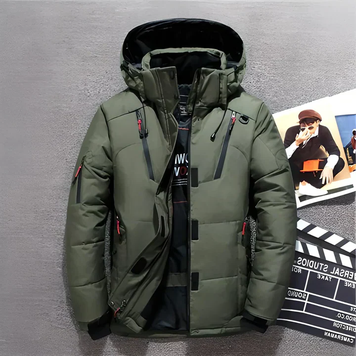 Belro luxurious down jacket in black, showing its padded, insulated design and stylish collar for winter warmth and fashion.