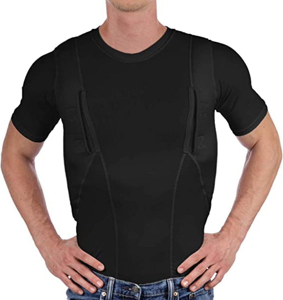 Belro concealed leather holster T-shirt for men and women, automotive style with integrated concealed carry pocket.