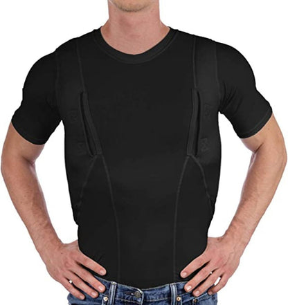 Belro concealed leather holster T-shirt for men and women, automotive style with integrated concealed carry pocket.