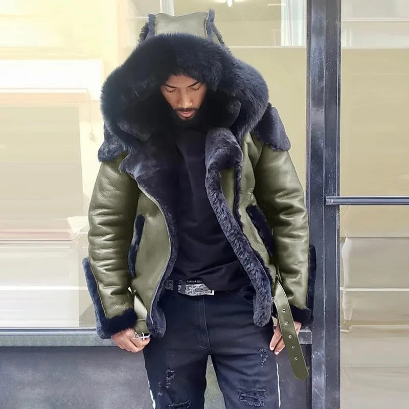Belro sheepskin leather motorcycle jacket with fur-lined hood, designed for men, ideal for winter riding and cold weather.