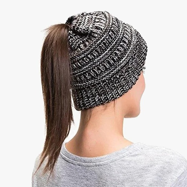Belro ponytail beanie with ribbed knit design, messy bun hat for women, versatile solid color hair accessory