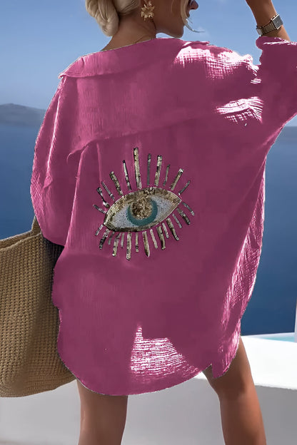 Belro Evil Eye shirt with sequin bead embellishments, casual clothing featuring a vibrant, eye-catching design.