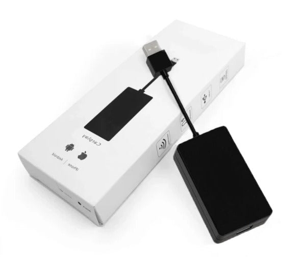 Belro Carplay and Android Auto adapter connected to a car's audio system, compatible with all car brands, for seamless smartphone integration.