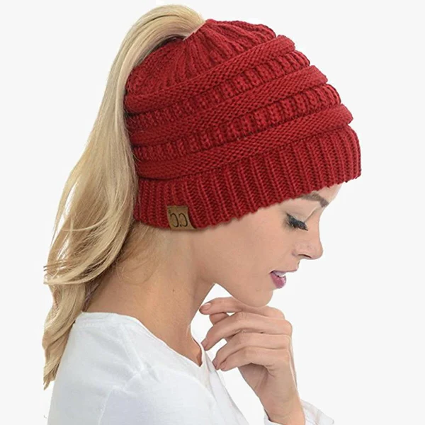 Belro solid ribbed ponytail beanie with a messy bun hole, women's hat cap, soft knit hair accessory for casual wear.