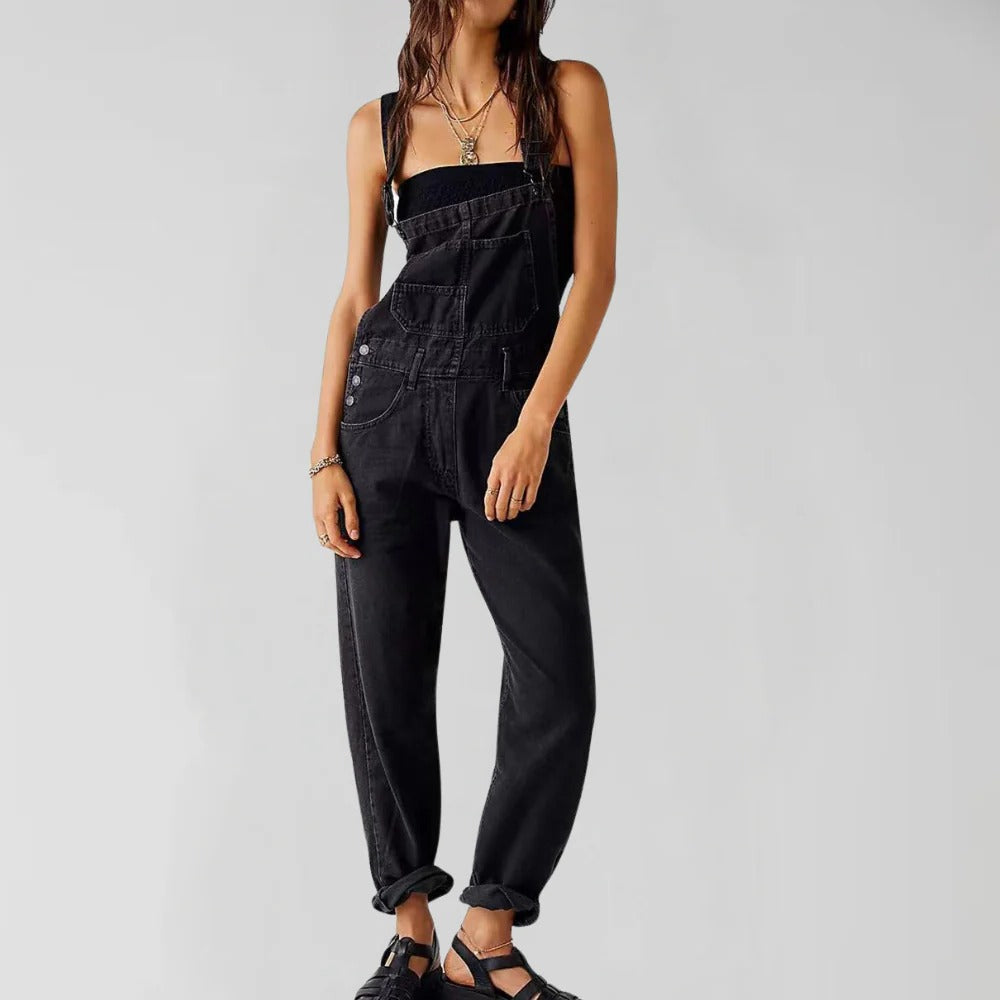 Belro trendy denim jumpsuit for women, casual style with fitted waist and short sleeves, displayed on a hanger.