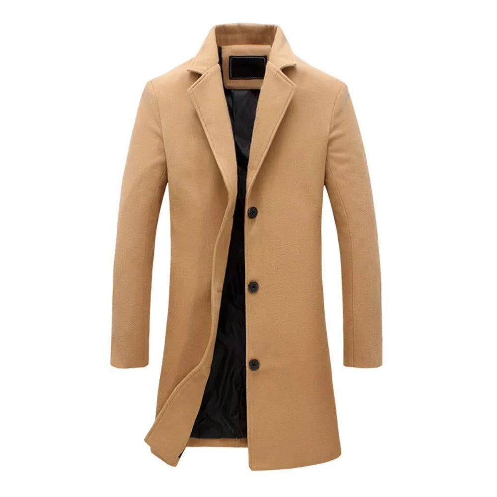 Belro men's long winter coat with a hood, insulated for warmth, black color, shown hanging on a coat rack.