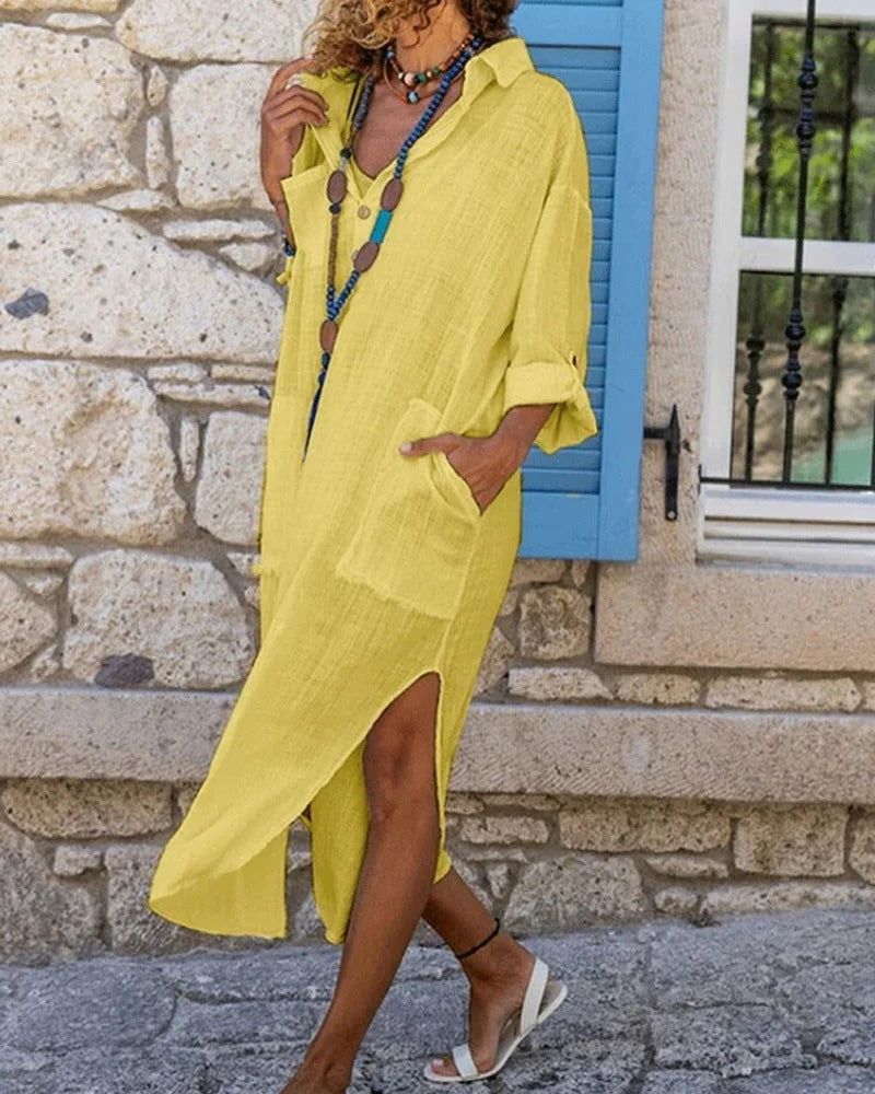 Women’s linen dress by Belro featuring a flowy, lightweight design with a relaxed fit and natural beige color.