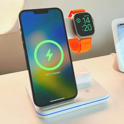 Belro 3-in-1 Apple charger dock with multiple charging ports for iPhone, Apple Watch, and AirPods on a sleek electronics table.