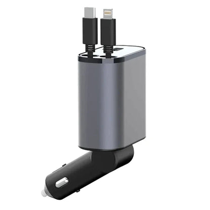 Belro dual retractable car charger connected to a vehicle's cigarette lighter socket, showcasing its compact design and retractable cables.