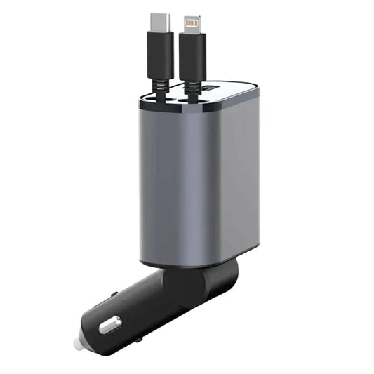 Belro dual retractable car charger connected to a vehicle's cigarette lighter socket, showcasing its compact design and retractable cables.
