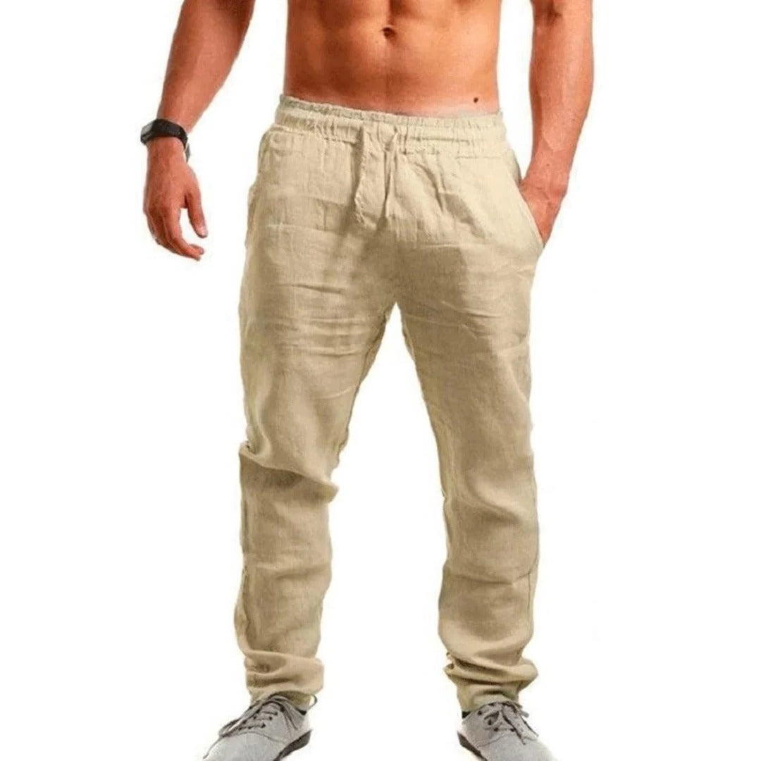 Men's Belro linen summer pants, lightweight and breathable, shown in a relaxed fit with a neutral color, suitable for warm weather.