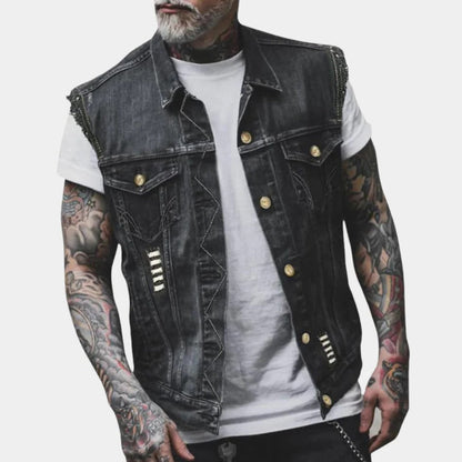 Belro retro denim vest for men featuring classic blue denim fabric and stylish sleeveless design.