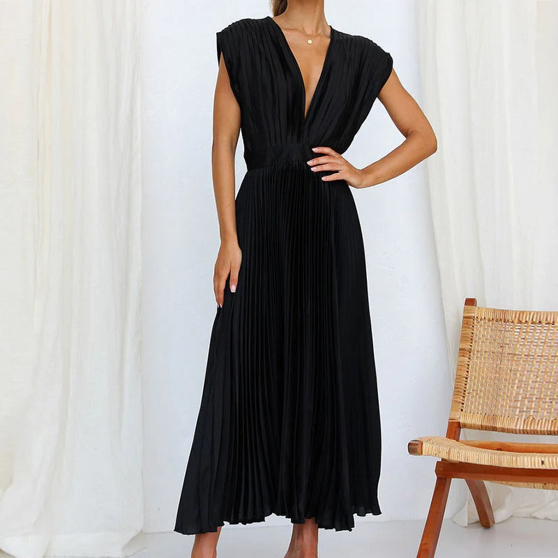 Belro V-neck dress in soft fabric, stylish sleeveless design, perfect for casual or semi-formal wear.
