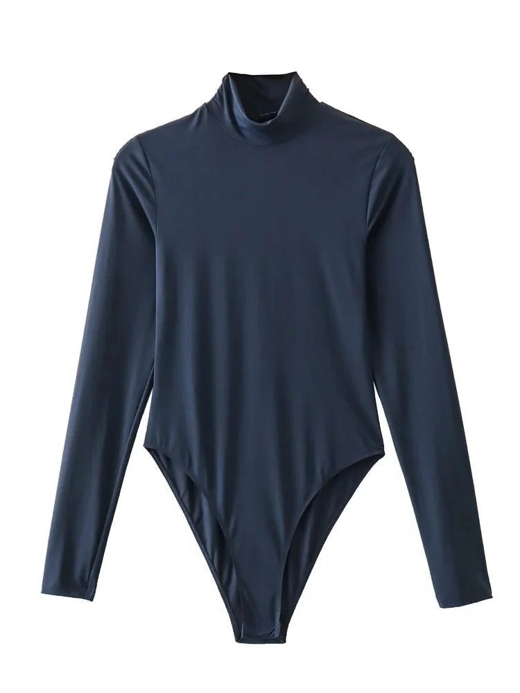Belro long sleeve bodysuit with turtleneck collar, black fitted jumpsuit, close-up of fabric and neckline detail