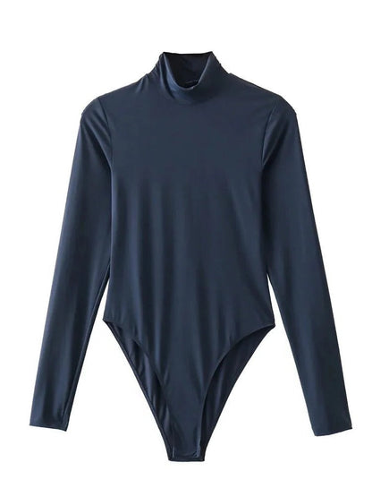 Belro long sleeve bodysuit with turtleneck collar, black fitted jumpsuit, close-up of fabric and neckline detail