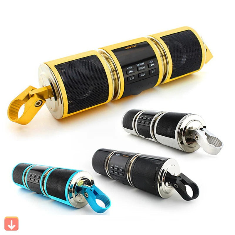 Belro motorcycle Bluetooth speaker with FM radio, compact electronic audio device designed for motorcycle use, showing buttons and speaker grille.