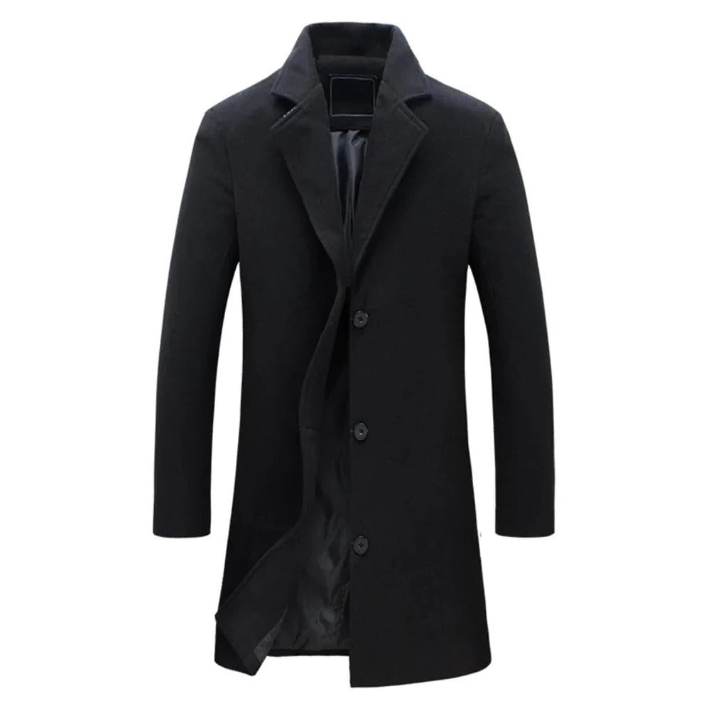 Belro men's long winter coat, navy blue, made of warm, thick fabric, with a hood and front pockets for winter outdoor wear.