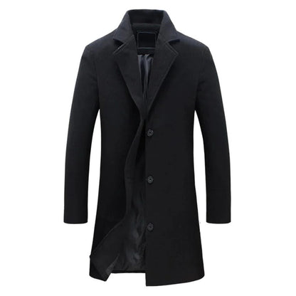 Belro men's long winter coat, navy blue, made of warm, thick fabric, with a hood and front pockets for winter outdoor wear.
