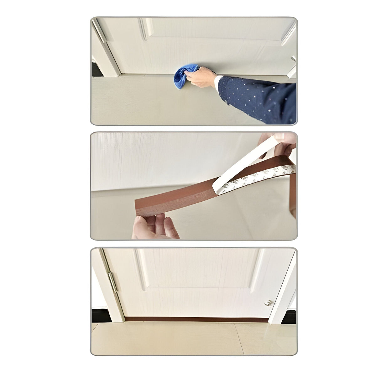 Belro self-adhesive door seal attached to a door, made of flexible material for sealing gaps and improving insulation.