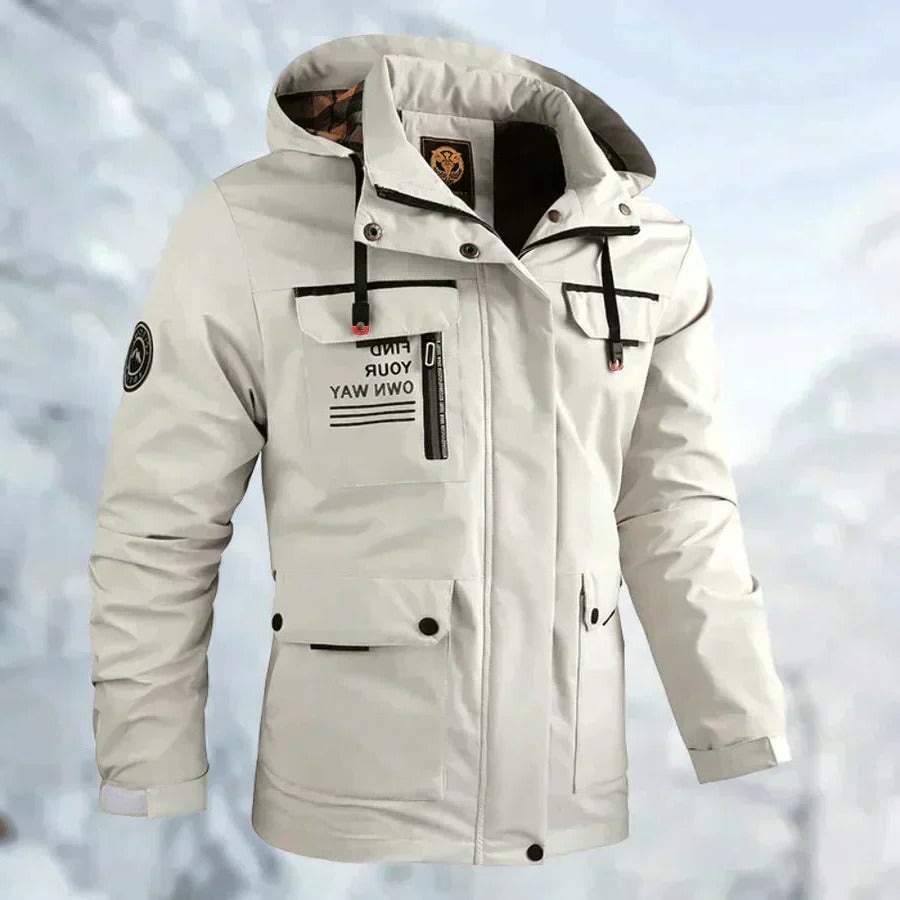Men's Belro windproof and waterproof outdoor jacket, lightweight with adjustable hood and multiple pockets, suitable for outdoor activities.