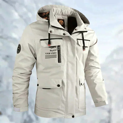 Men's Belro windproof and waterproof outdoor jacket, lightweight with adjustable hood and multiple pockets, suitable for outdoor activities.