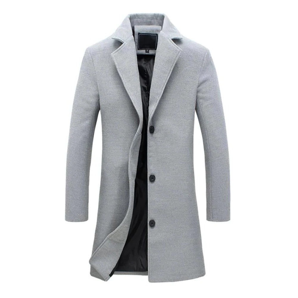 Men's long winter coat by Belro featuring a warm, insulated design with a hood and button closure, suitable for cold weather.