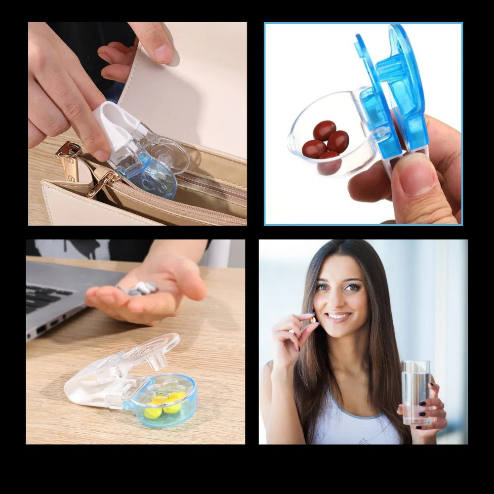 Belro portable pill taker in compact design, ideal for health & beauty needs, with visible compartments for pills and medication storage.