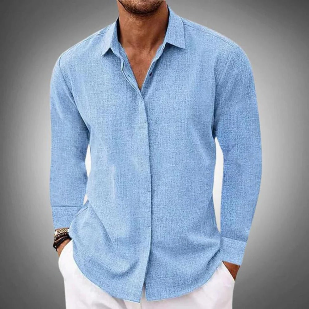 Men's classic long sleeve shirt by Belro, shown in a neutral color, with a collar and button-down front.