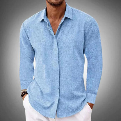 Men's classic long sleeve shirt by Belro, shown in a neutral color, with a collar and button-down front.
