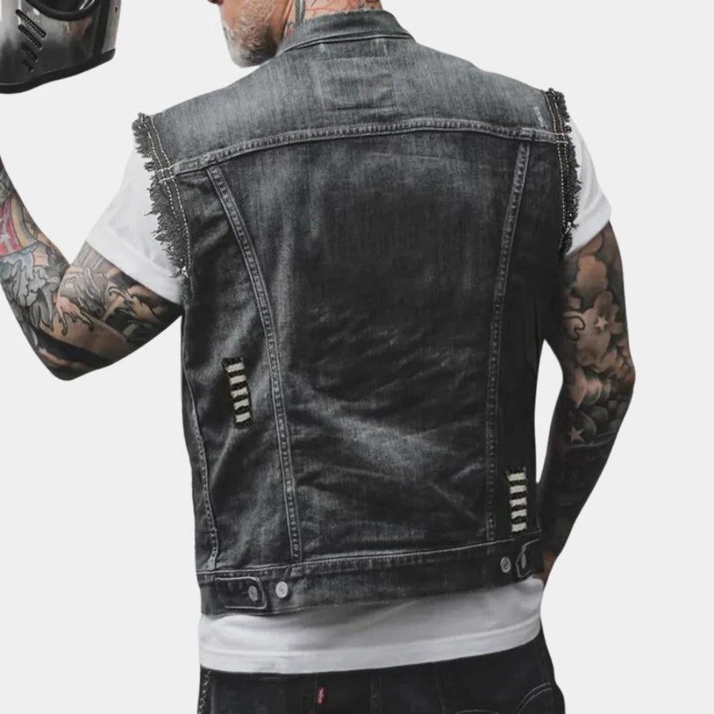 Belro retro denim vest for men, stylish blue sleeveless jacket with button closure and classic denim texture.