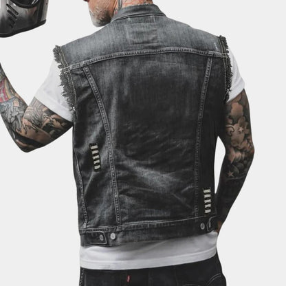 Belro retro denim vest for men, stylish blue sleeveless jacket with button closure and classic denim texture.