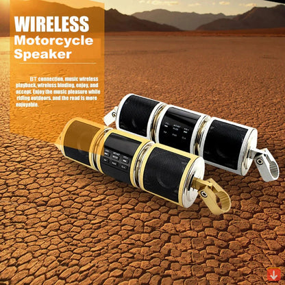 Belro motorcycle Bluetooth speaker with FM radio, showing compact design and control buttons for audio and radio functions.