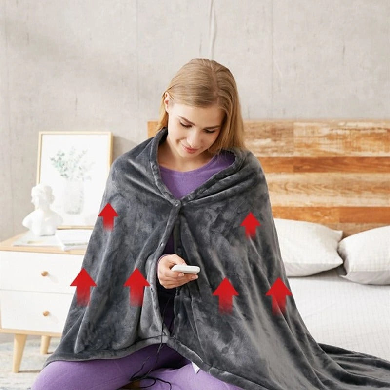 Belro USB electric heated blanket spread out on a bed, showcasing its soft fabric and control panel for adjustable warmth.