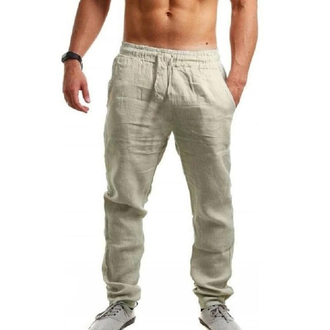 Men's linen summer pants by Belro, lightweight and breathable clothing with a relaxed fit and neutral color, suitable for warm weather.
