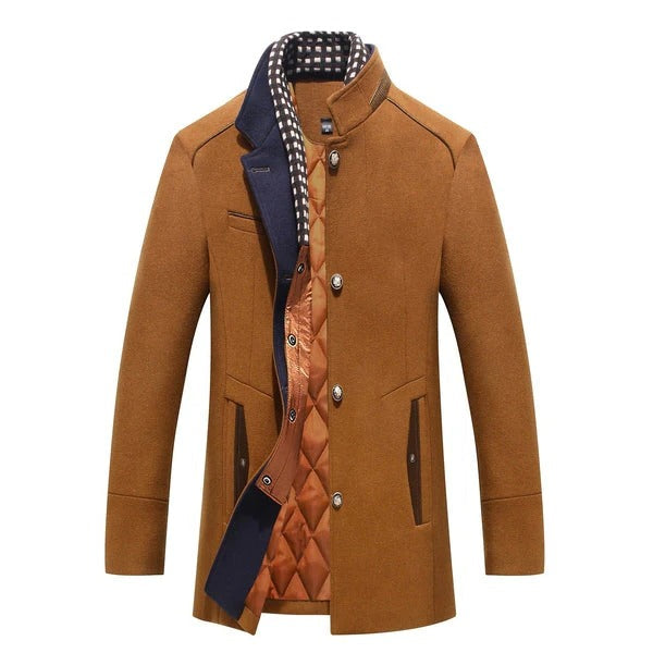 Belro men's wool coat, high-quality jacket with a classic design, shown hanging on a wooden hanger.