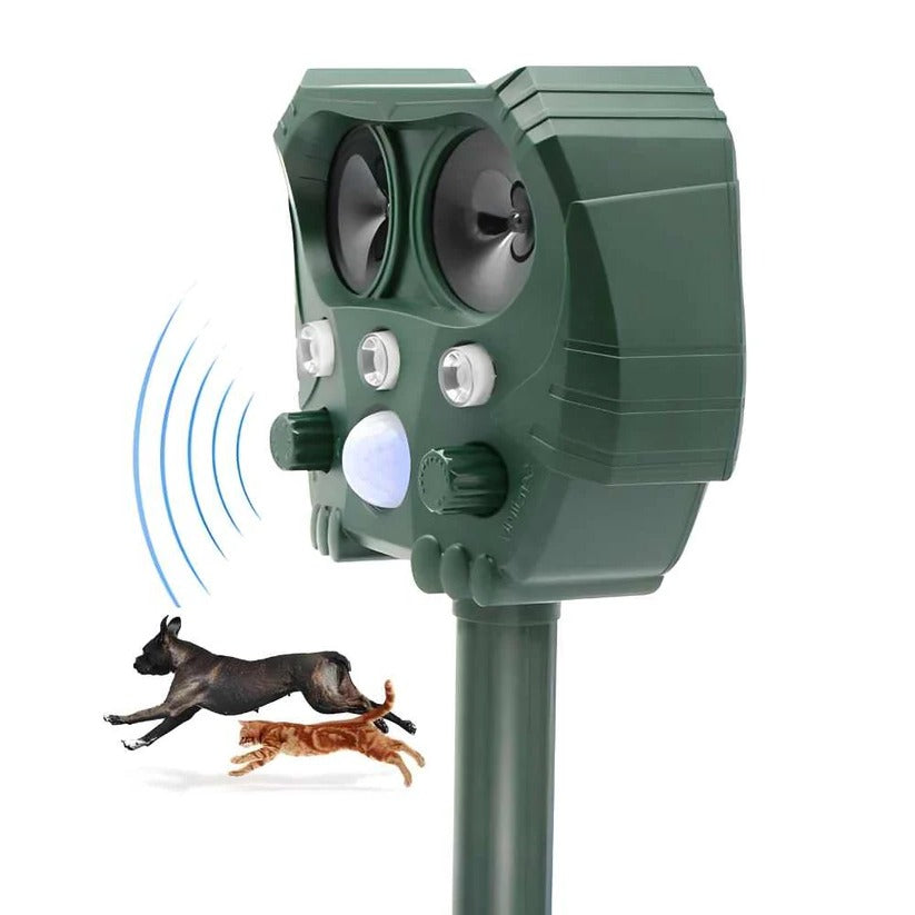 Belro ultrasonic cat repellent device emitting ultrasound and noise to deter cats, foxes, rats, squirrels, and dogs outdoors.