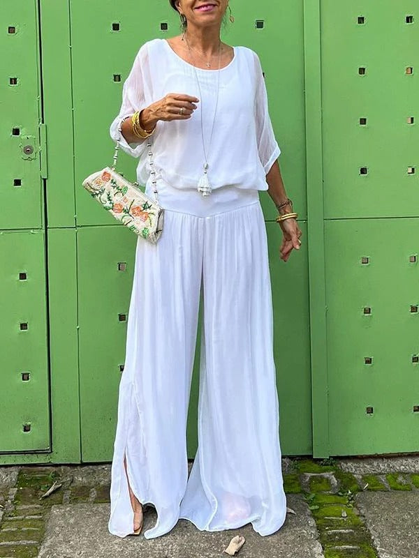 Belro elegant two-piece wide-leg chiffon pants set, featuring flowy fabric and stylish design, shown on a model.