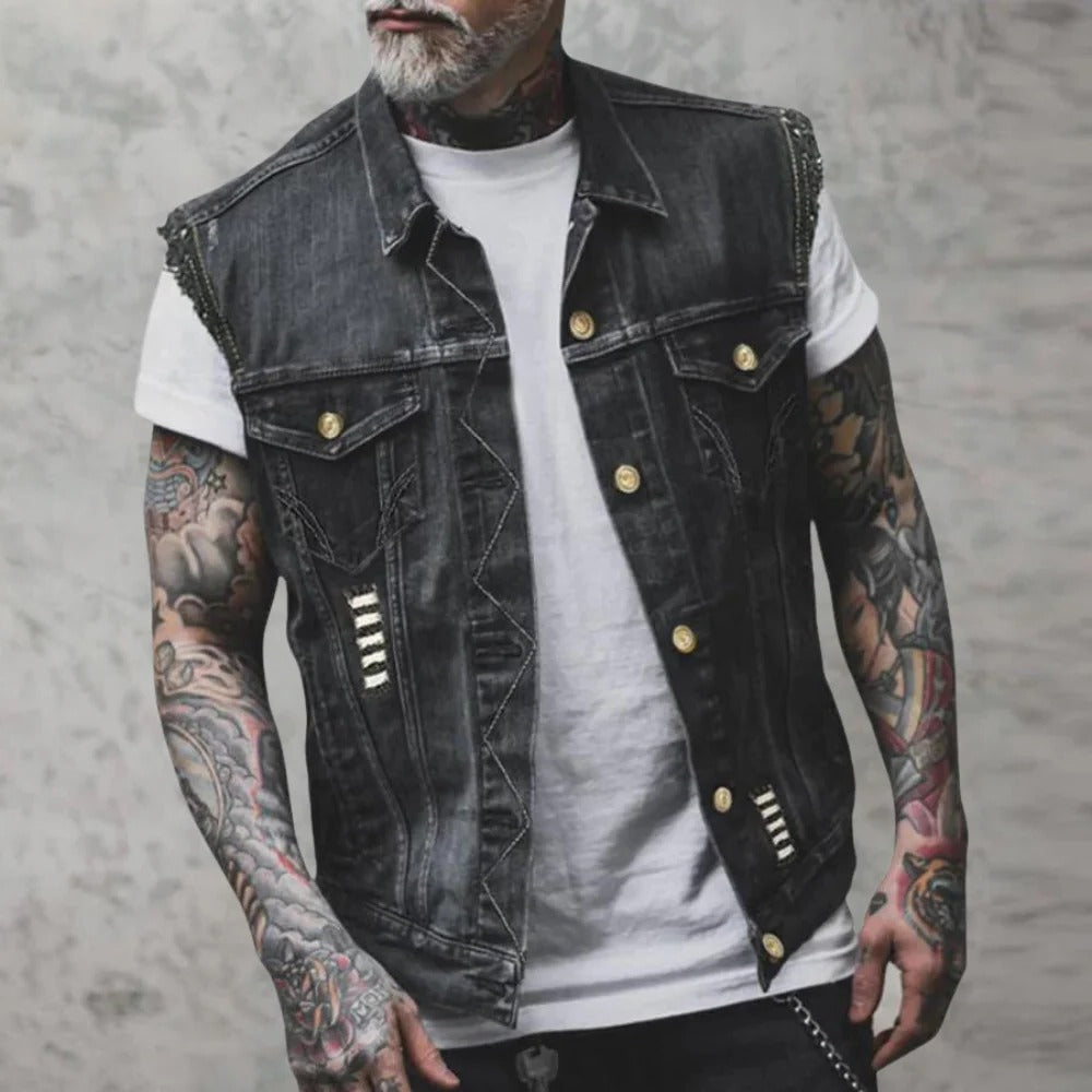 Belro men's retro denim vest with classic fit, featuring button-up front and stylish washed blue denim fabric.