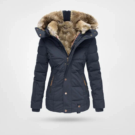 Belro winter jacket with warm lining and hood, stylish and insulated for cold weather, shown on a model.
