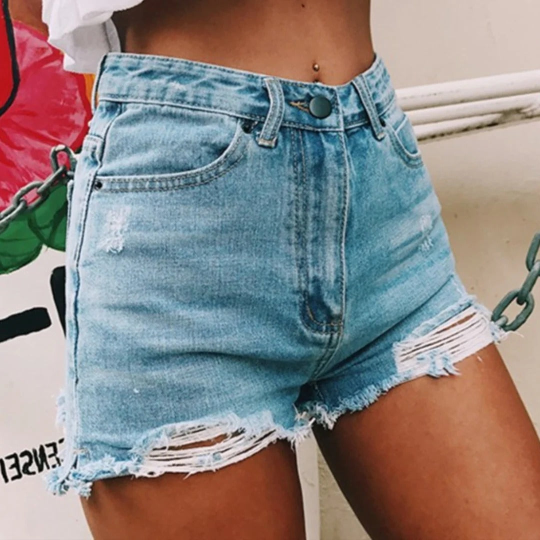 Light blue Belro denim shorts for women with frayed hems, casual fit, and distressed detailing, perfect for summer outfits.